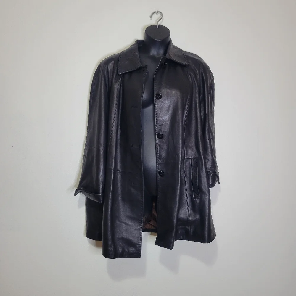 Talbots black long line leather button up jacket